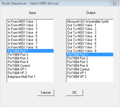 Select MIDI Devices dialog